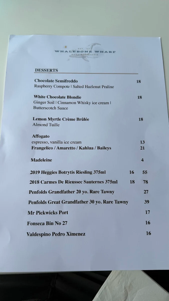 Menu, Whalebone Wharf Seafood Restaurant