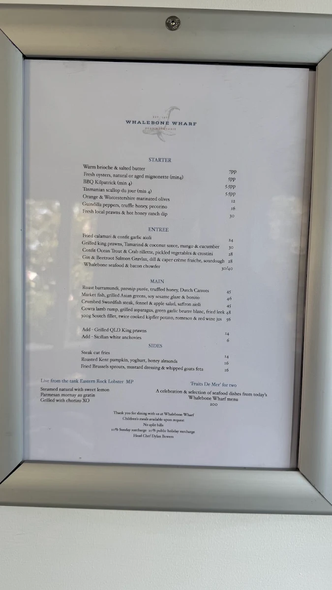 Menu, Whalebone Wharf Seafood Restaurant