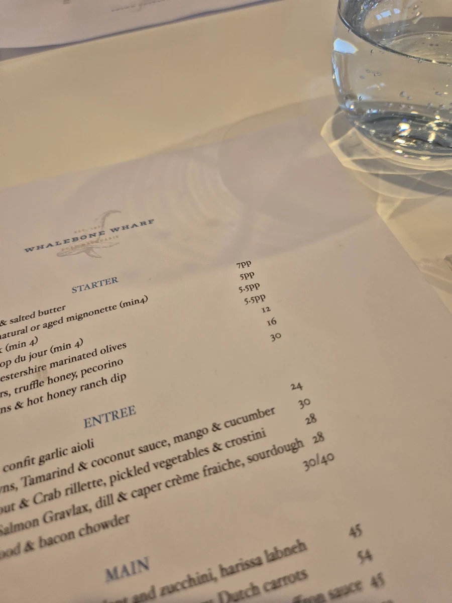 Menu, Whalebone Wharf Seafood Restaurant
