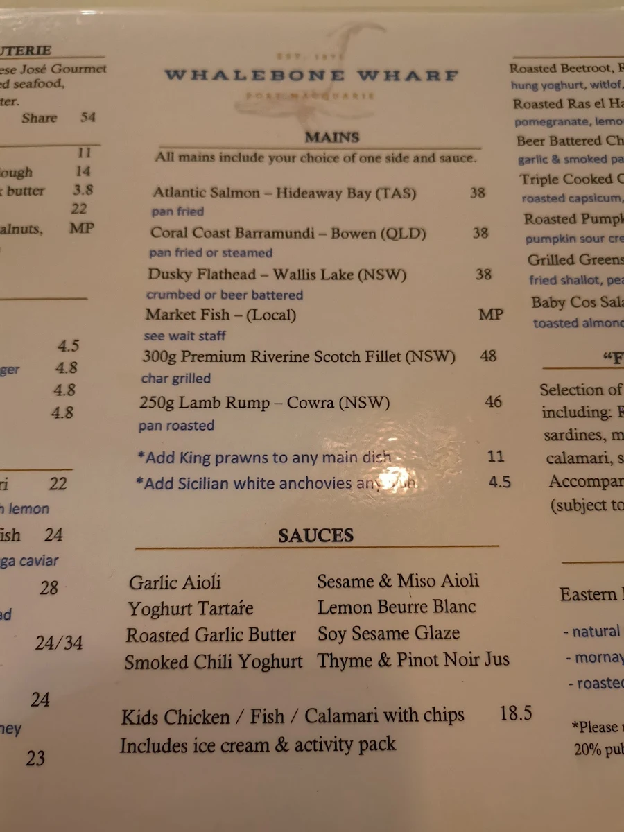 Menu, Whalebone Wharf Seafood Restaurant