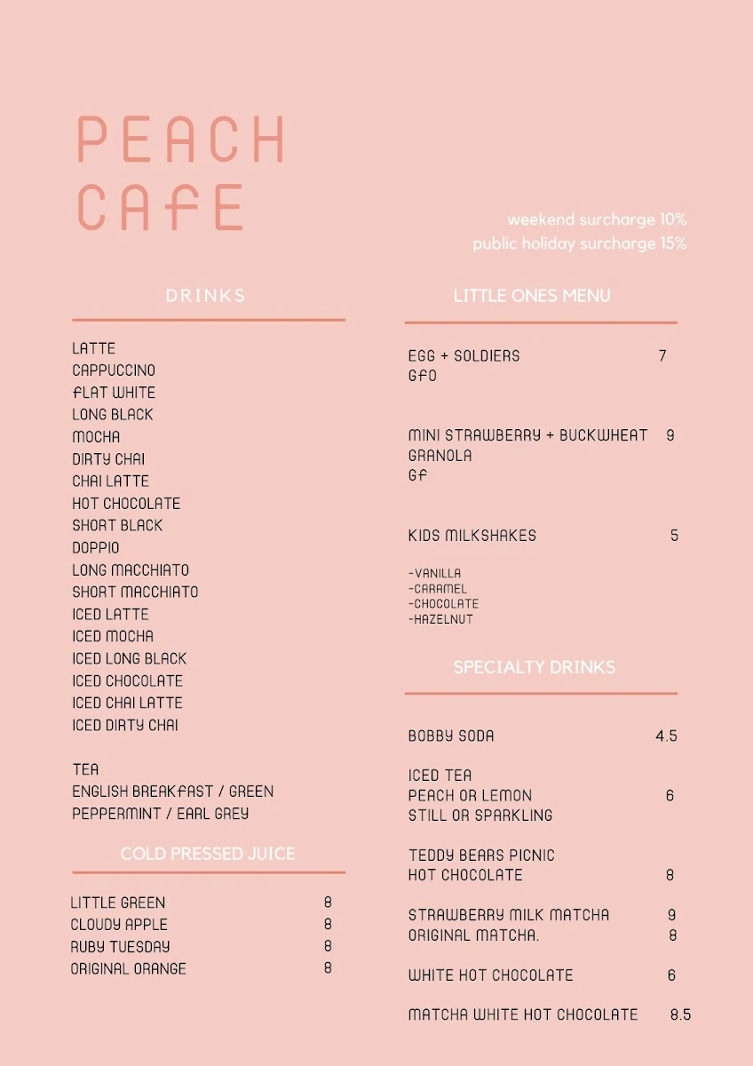 Menu, Peach Cafe