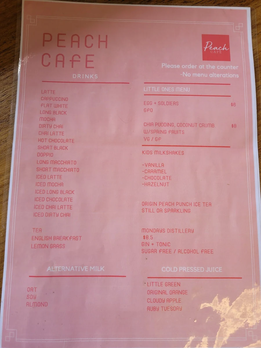 Menu, Peach Cafe