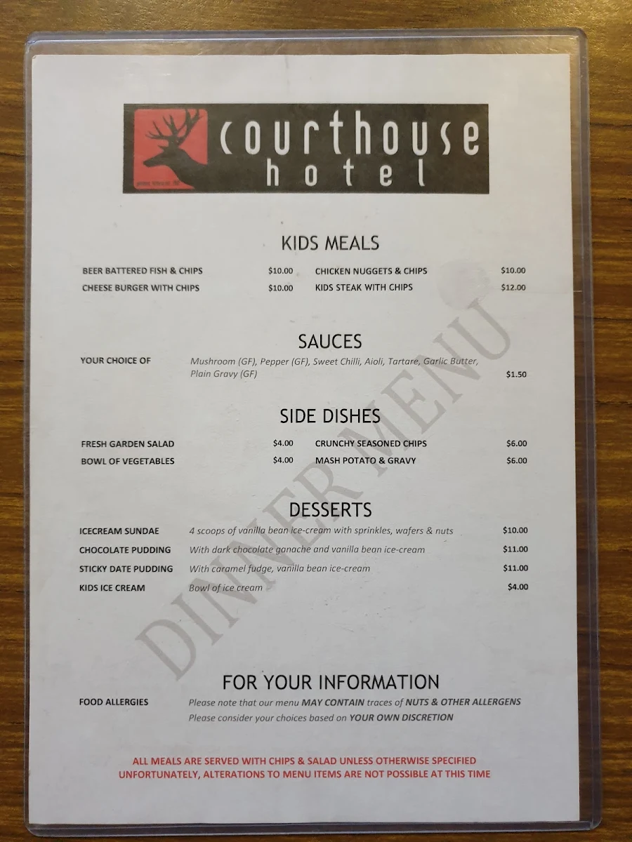 Menu, Courthouse Hotel