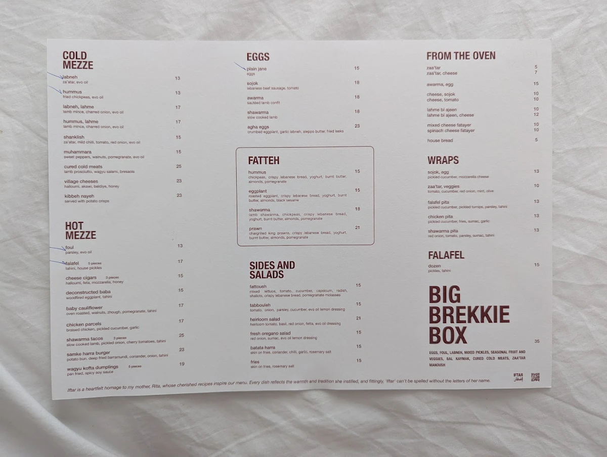 Menu, Iftar