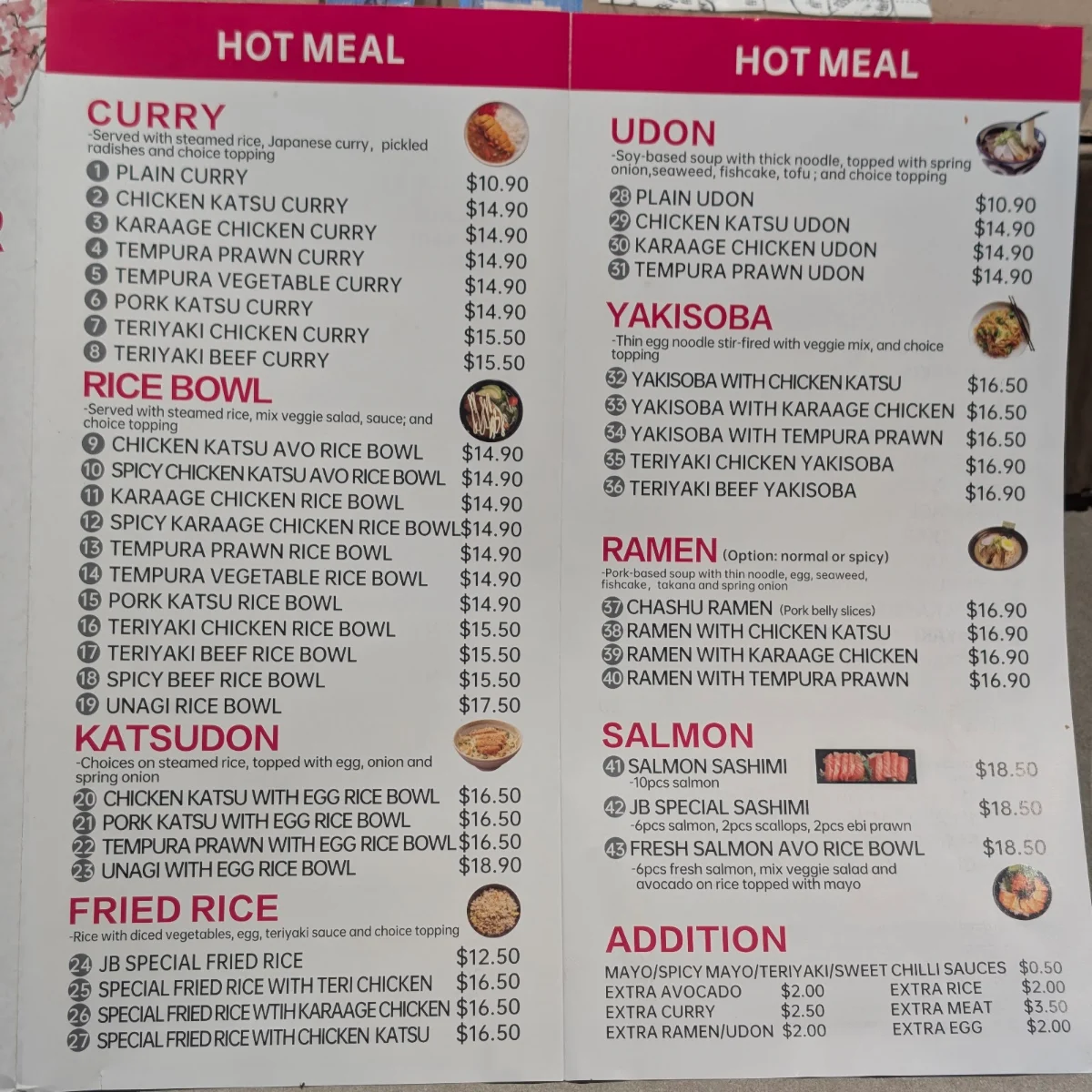 Menu, JB SUSHI BAR