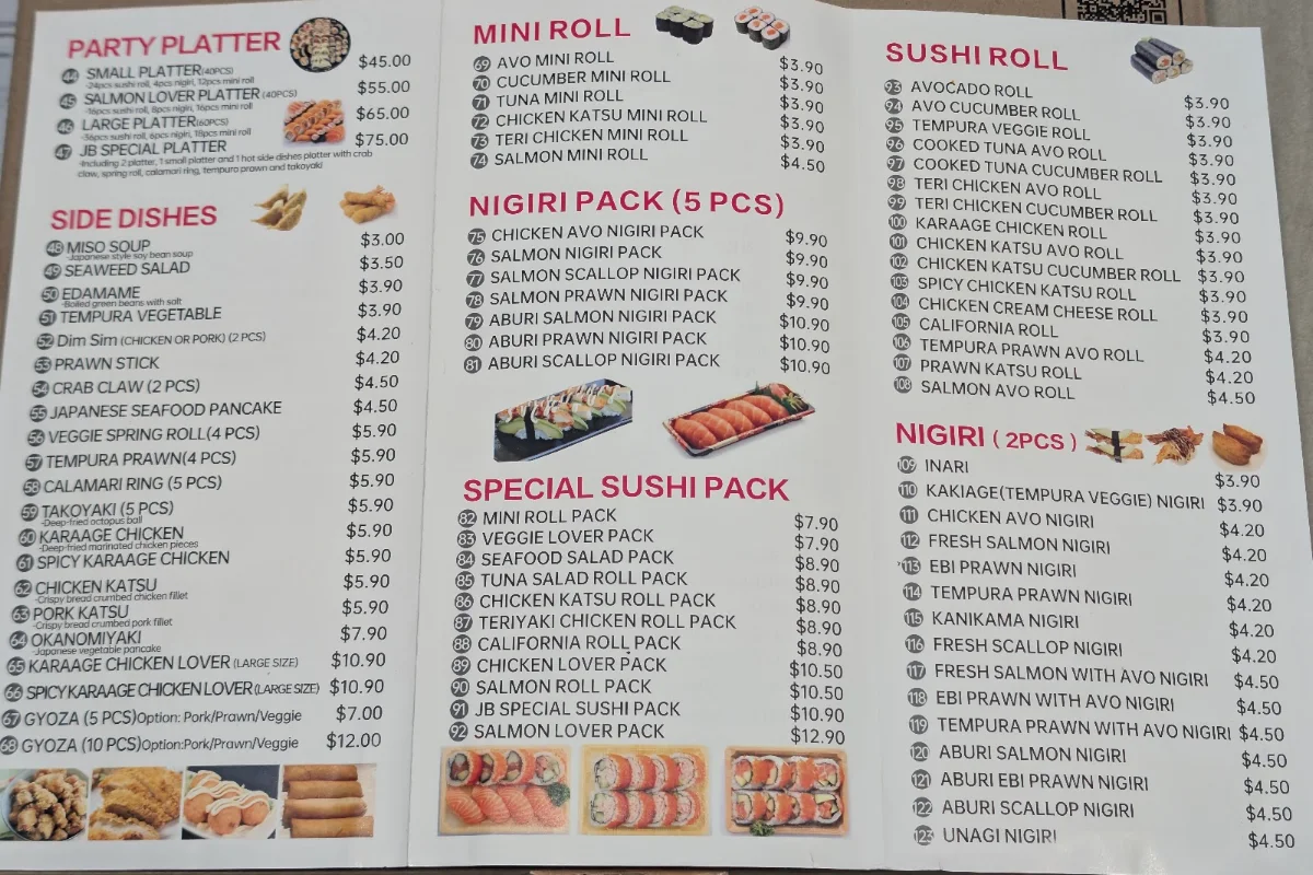 Menu, JB SUSHI BAR