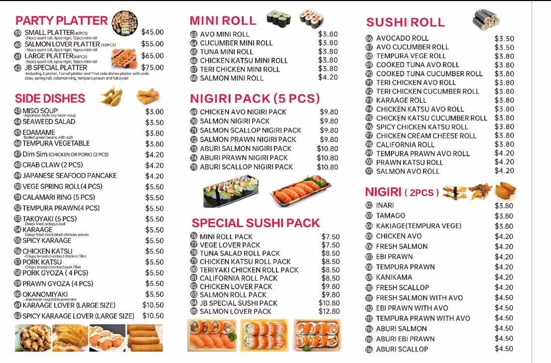 Menu, JB SUSHI BAR