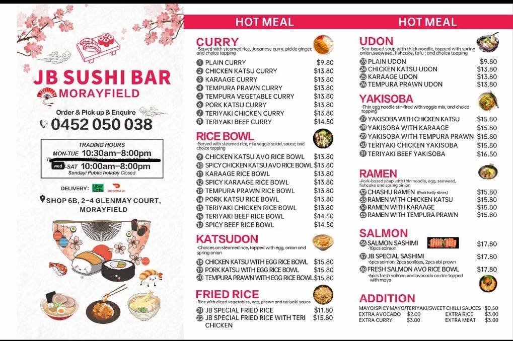 Menu, JB SUSHI BAR