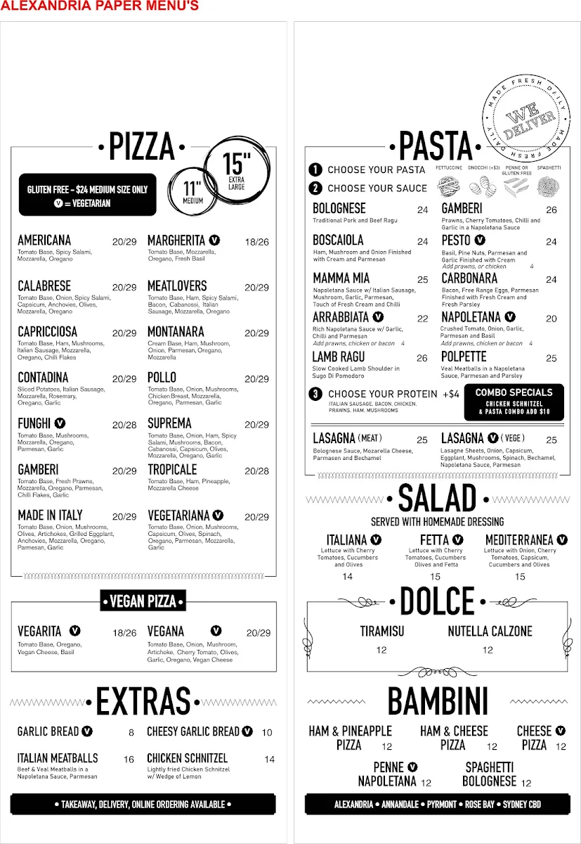 Menu, Made in Italy Sydney CBD