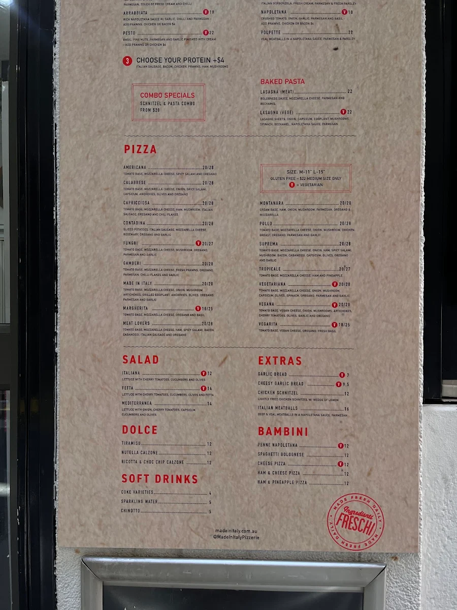 Menu, Made in Italy Sydney CBD