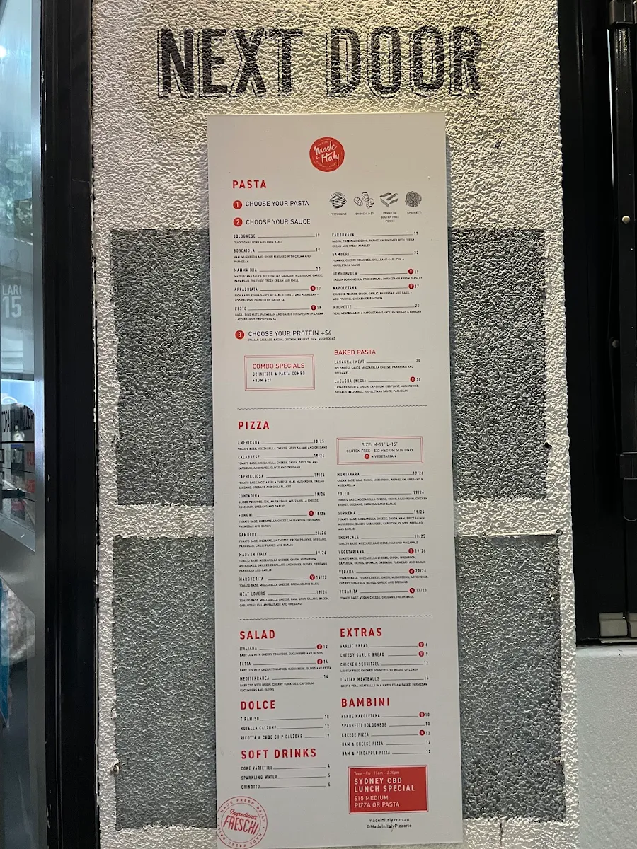 Menu, Made in Italy Sydney CBD