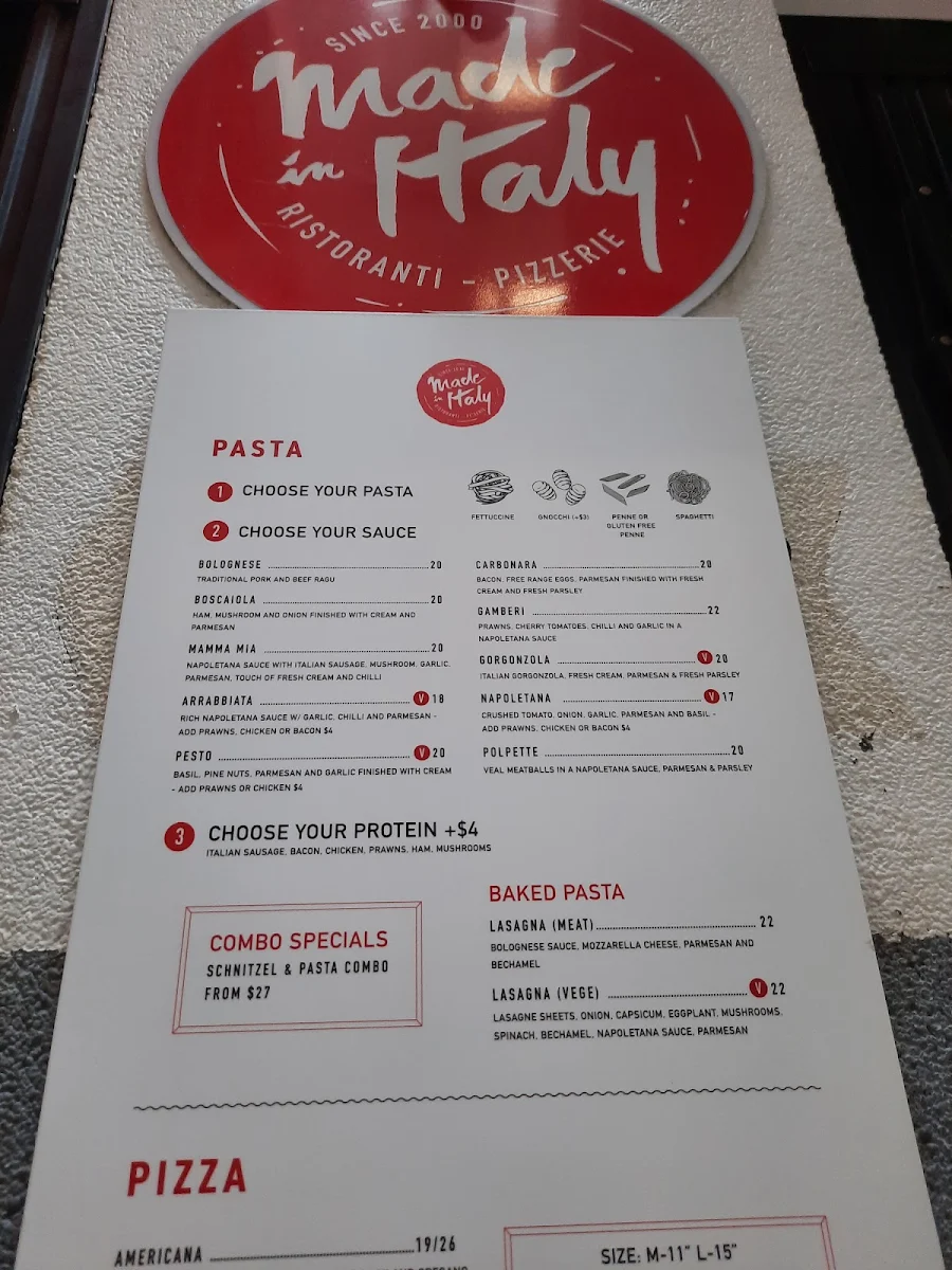 Menu, Made in Italy Sydney CBD