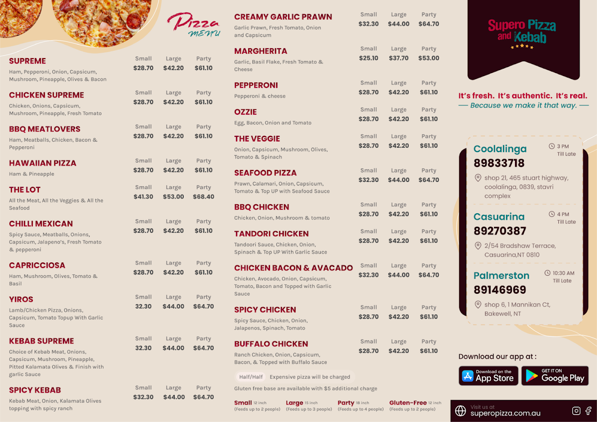 Menu, Supero pizza and kebab (Bakewell)