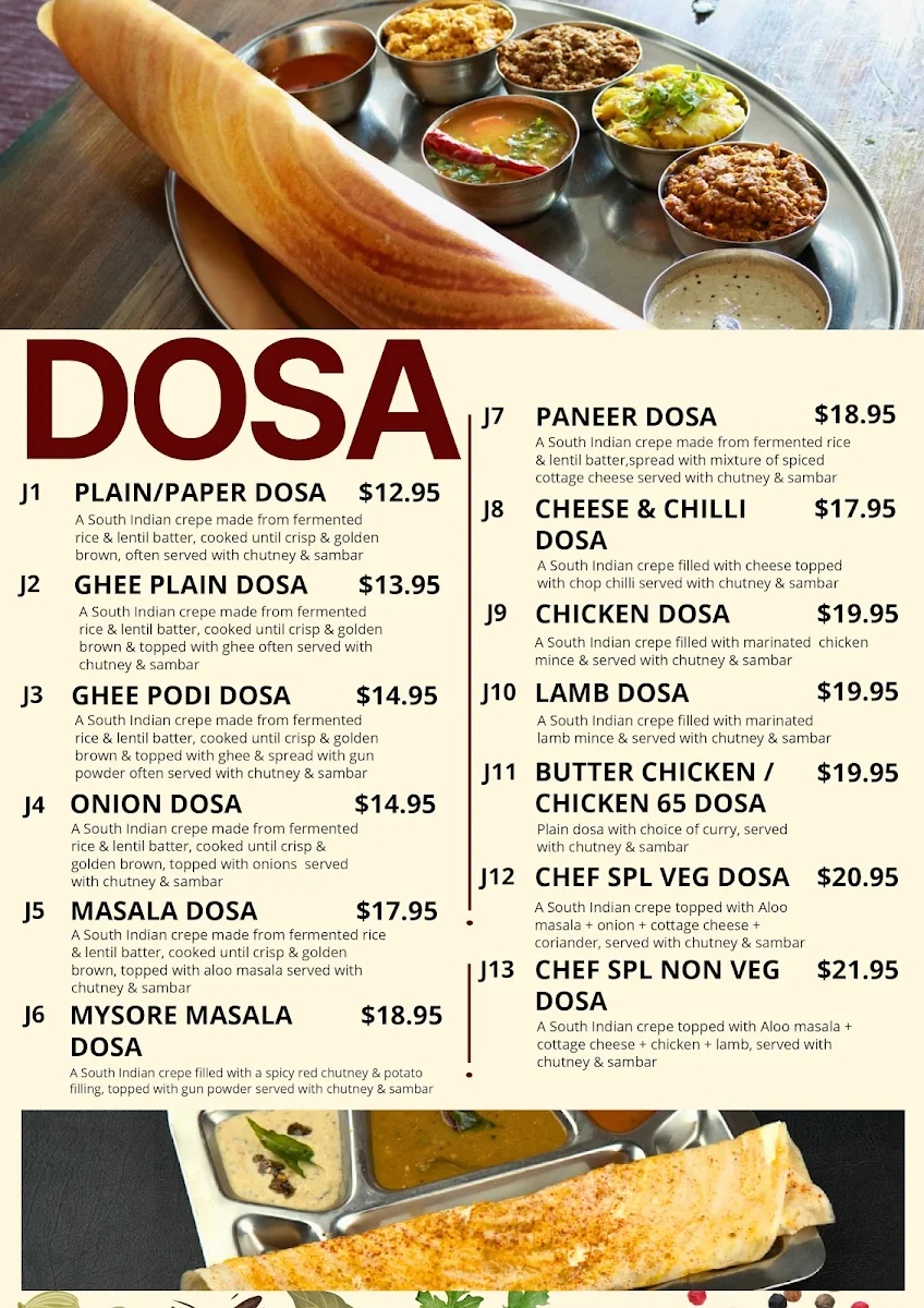 Menu, Dosa Hut - Indian Multi Cuisine Restaurant Caroline Springs