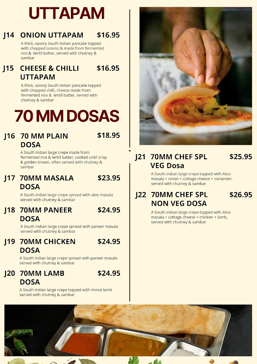 Menu, Dosa Hut - Indian Multi Cuisine Restaurant Caroline Springs