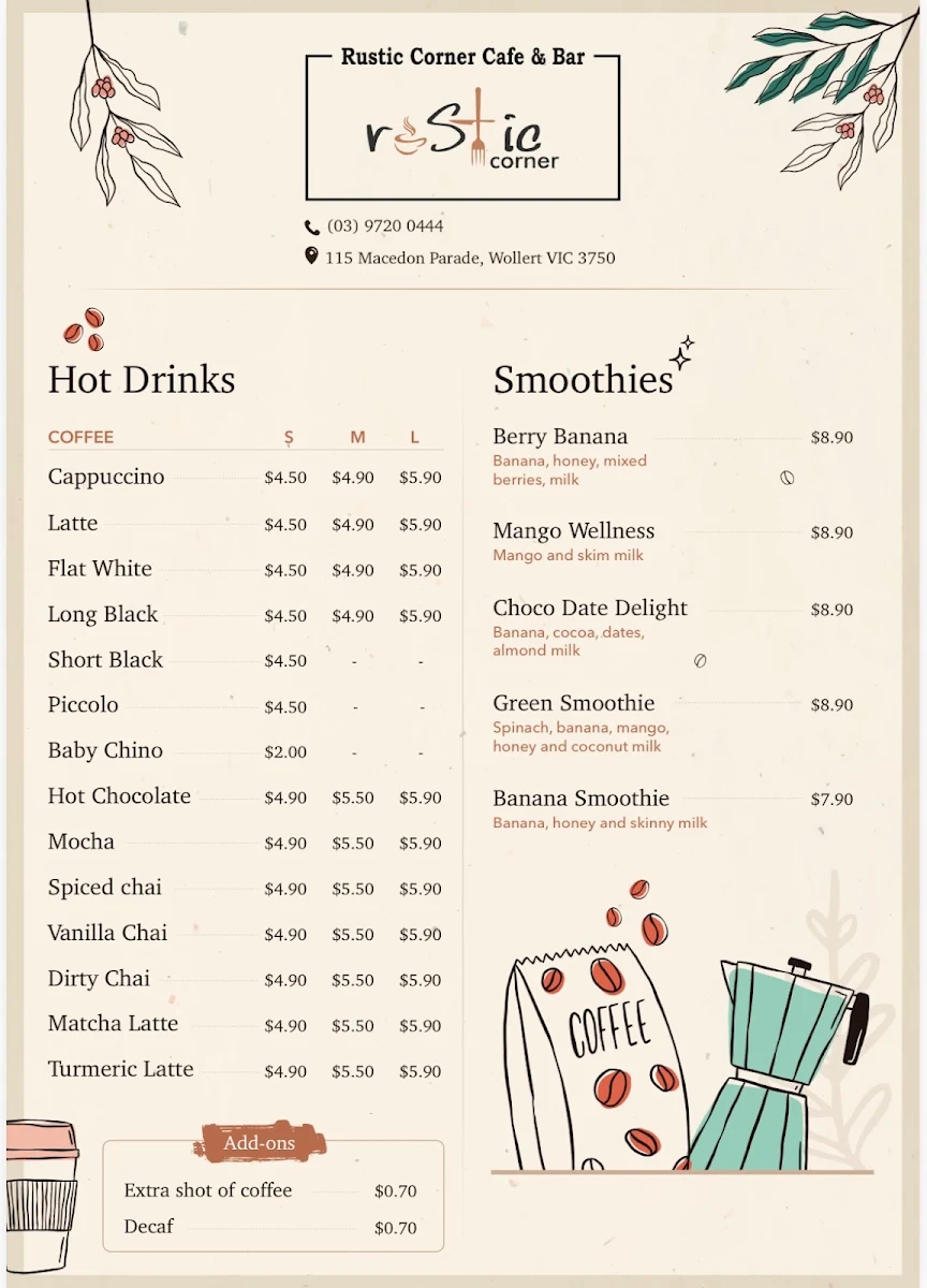 Menu, Rustic Corner cafe