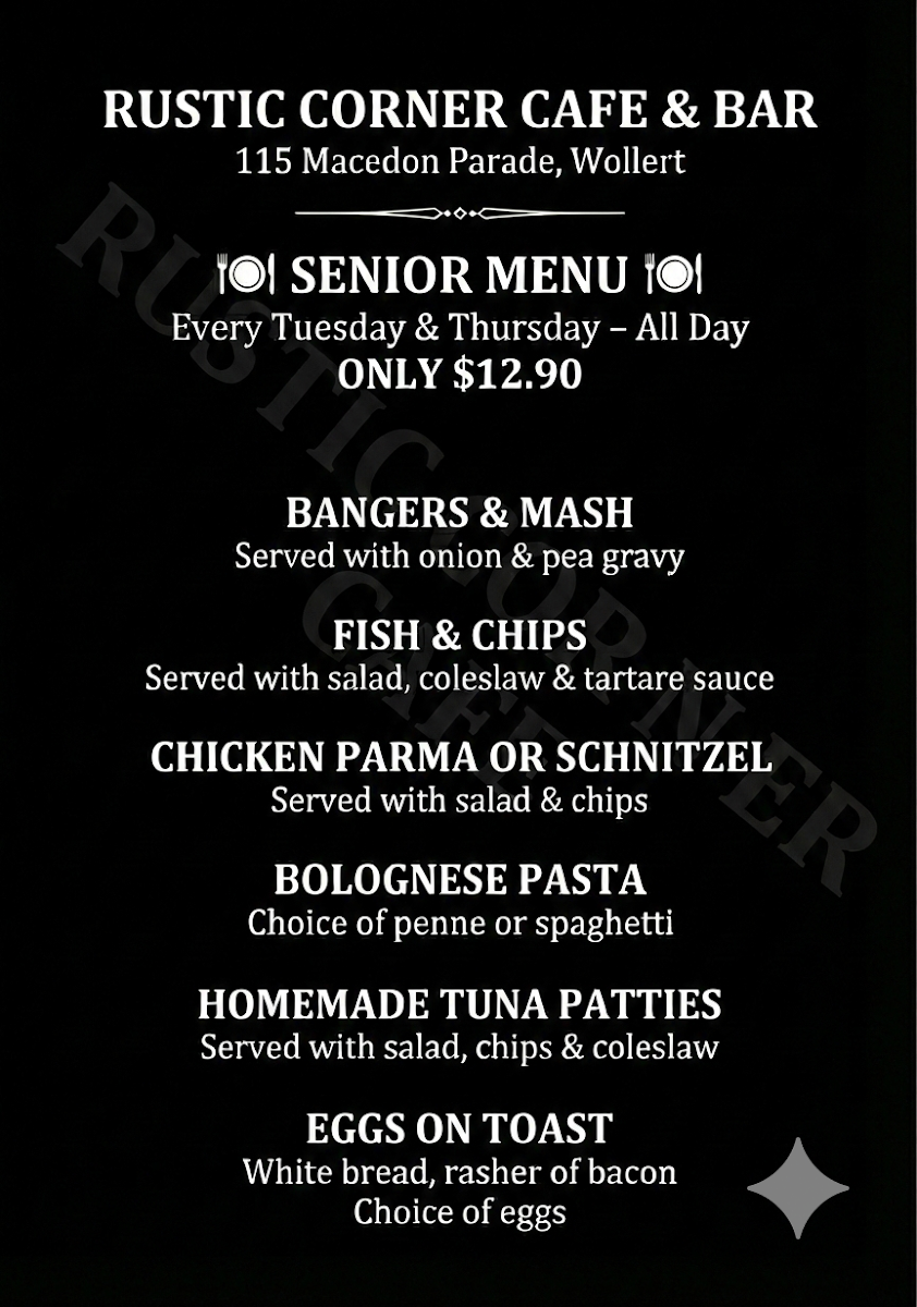 Menu, Rustic Corner cafe