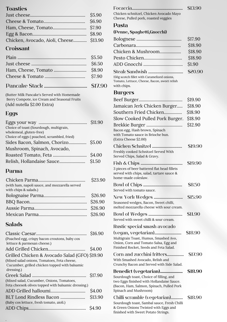 Menu, Rustic Corner cafe