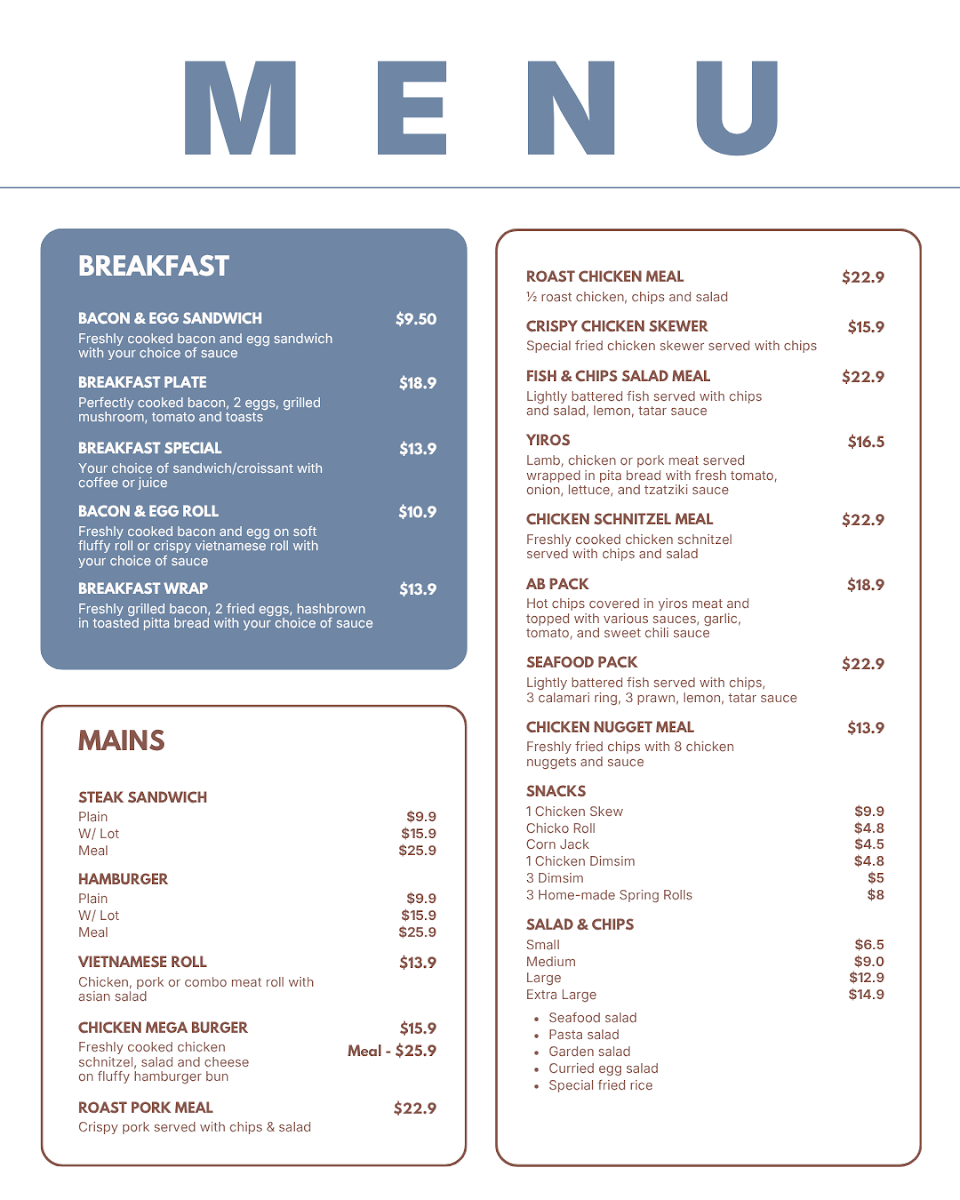 Menu, Fort Cafe &Takeaway