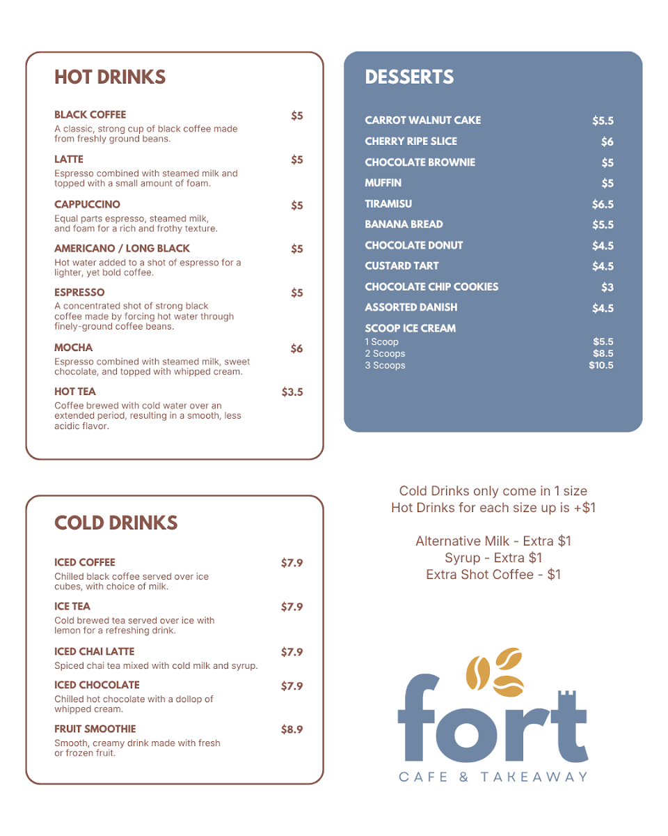 Menu, Fort Cafe &Takeaway