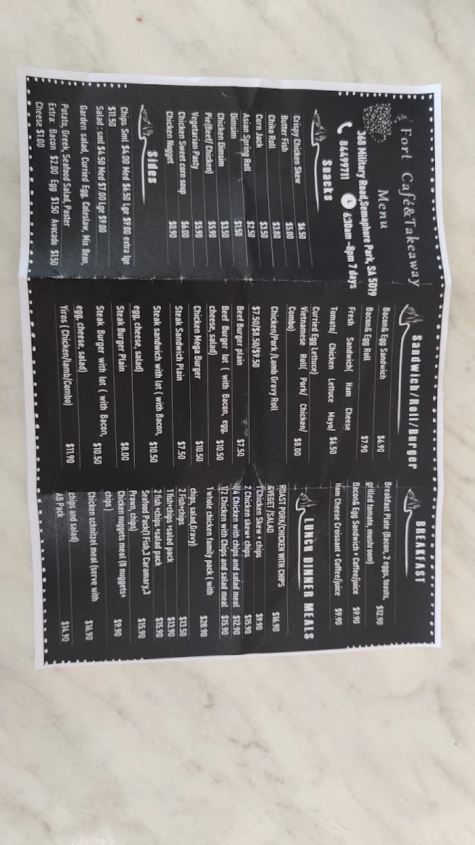 Menu, Fort Cafe &Takeaway
