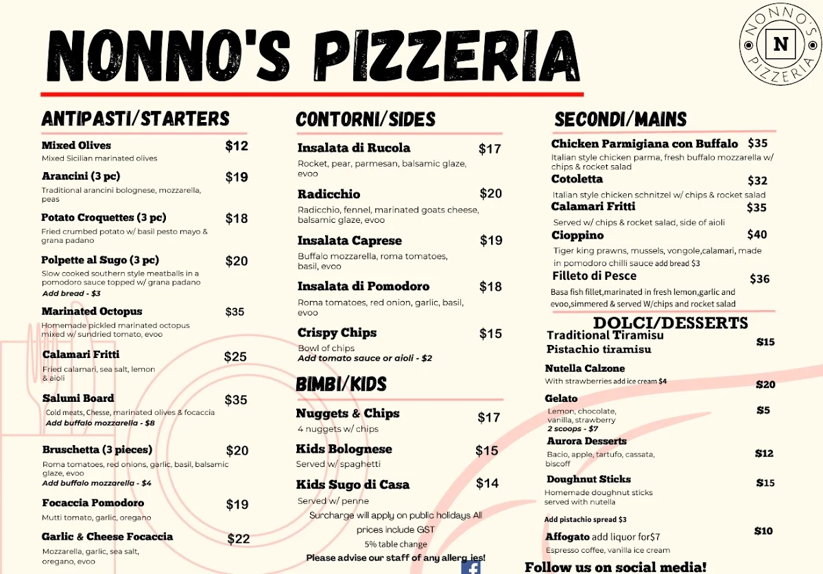 Menu, Nonno's Pizzeria
