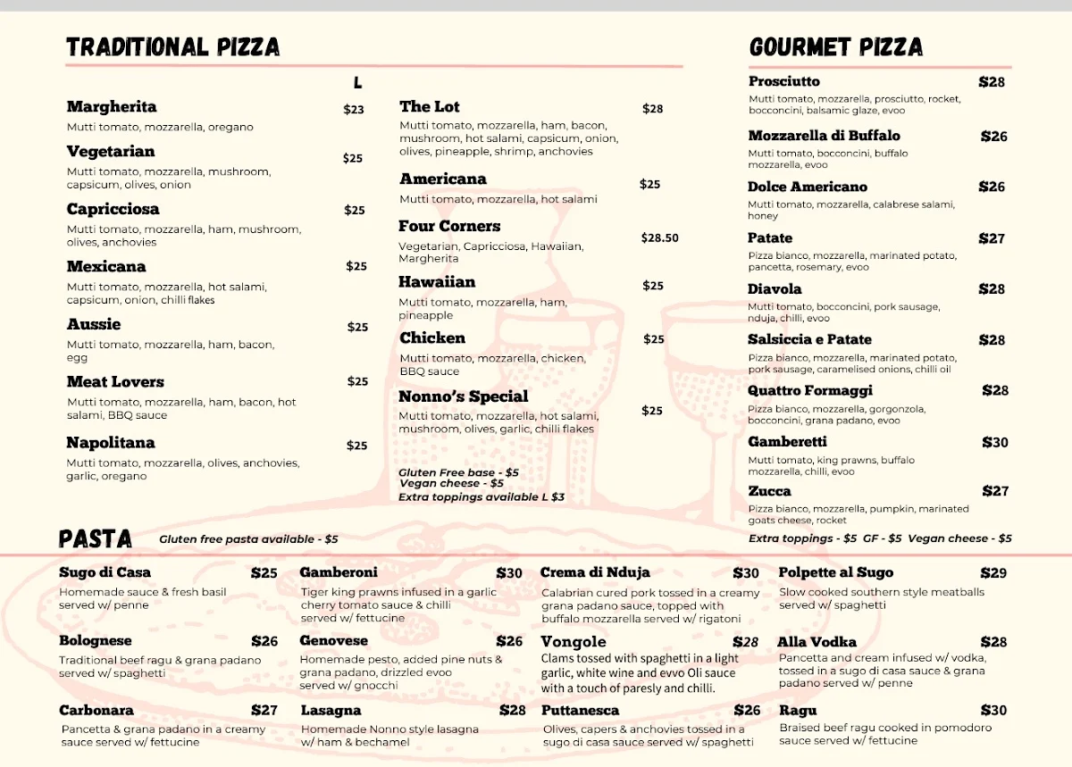 Menu, Nonno's Pizzeria