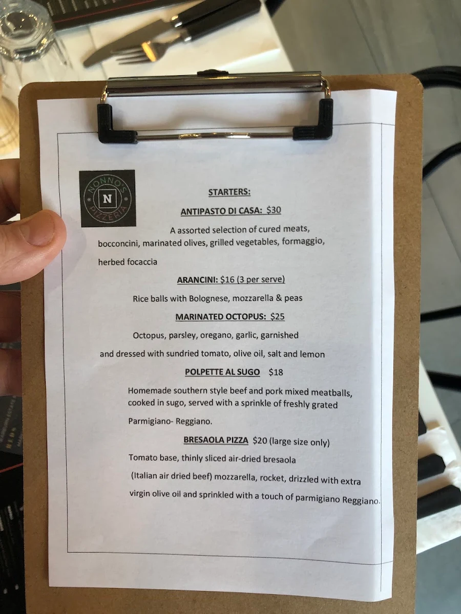 Menu, Nonno's Pizzeria