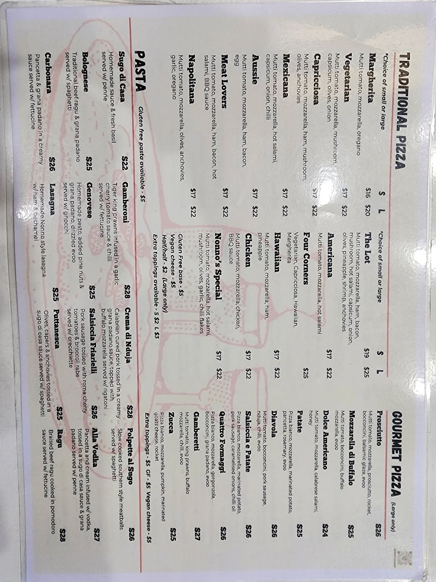 Menu, Nonno's Pizzeria
