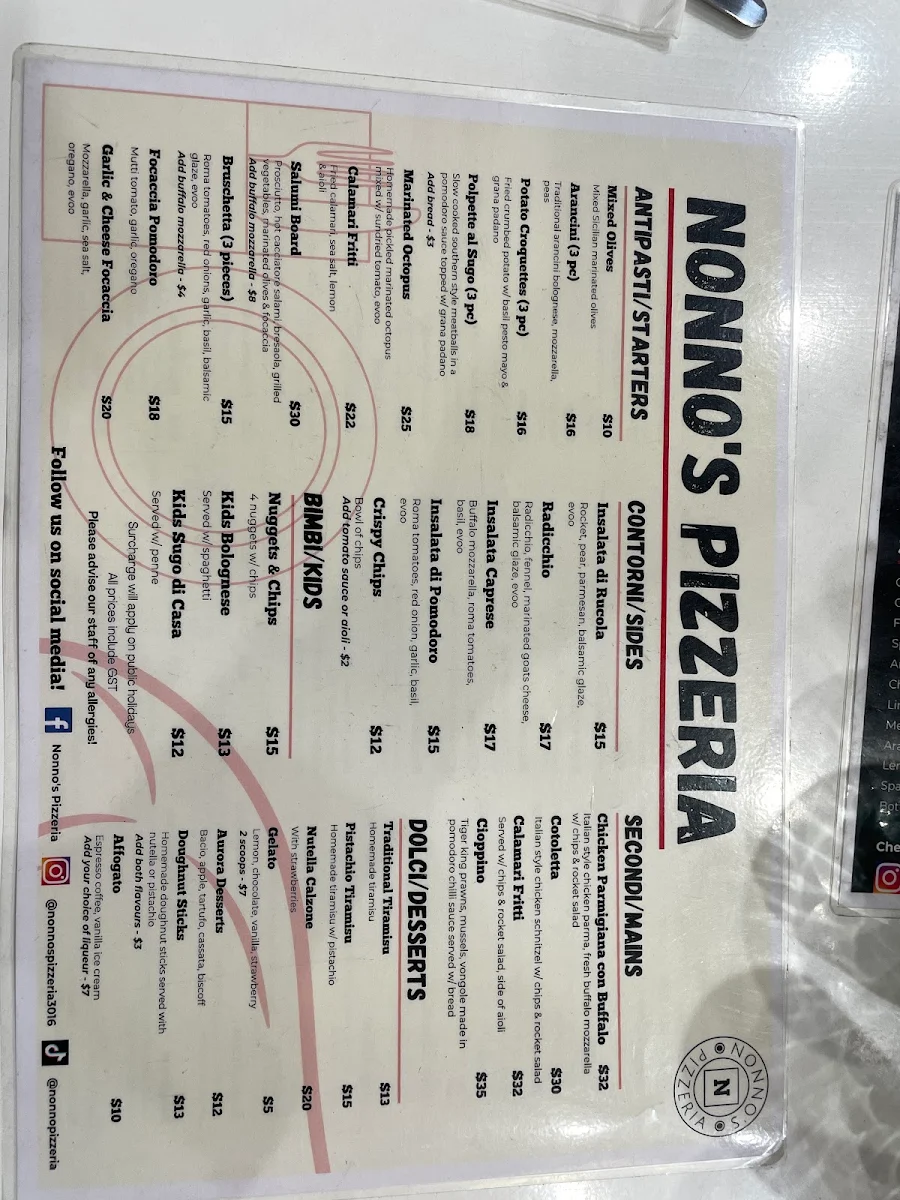 Menu, Nonno's Pizzeria