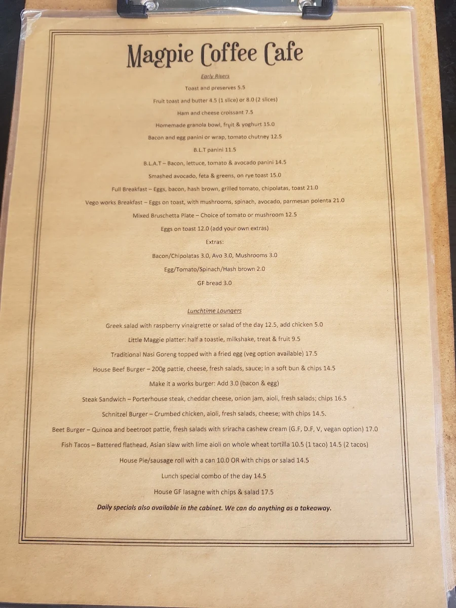 Menu, Magpie Coffee Cafe
