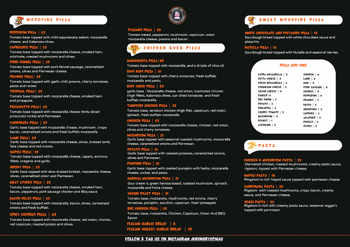 Menu, Hungry Cow Woodfire Pizzeria & Burgers