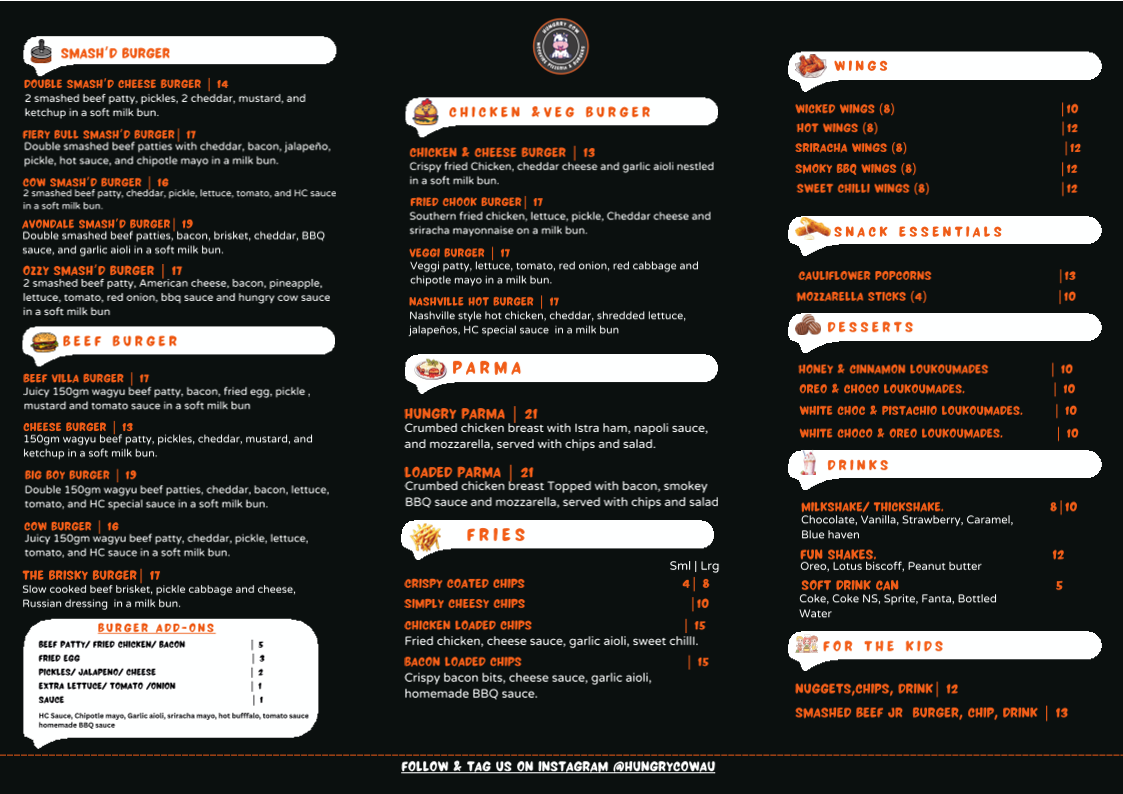 Menu, Hungry Cow Woodfire Pizzeria & Burgers