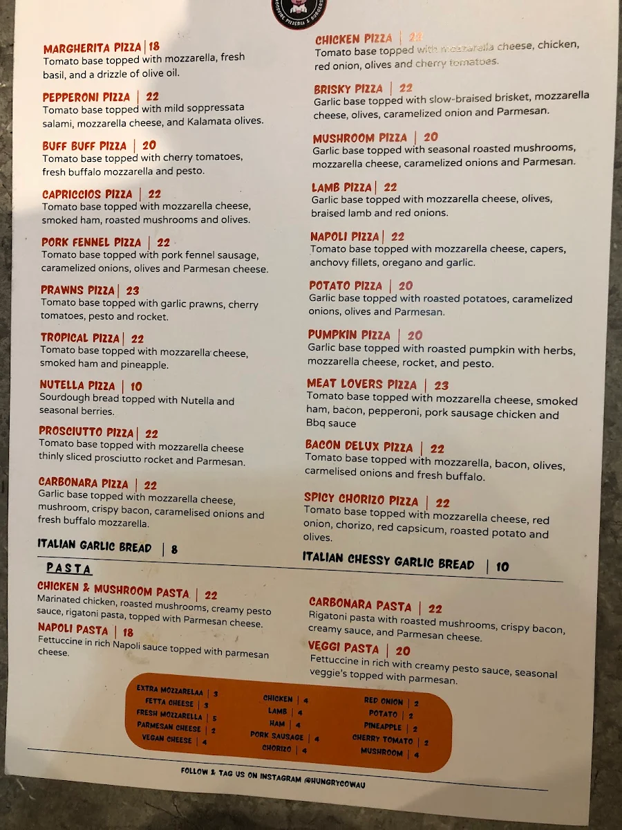 Menu, Hungry Cow Woodfire Pizzeria & Burgers