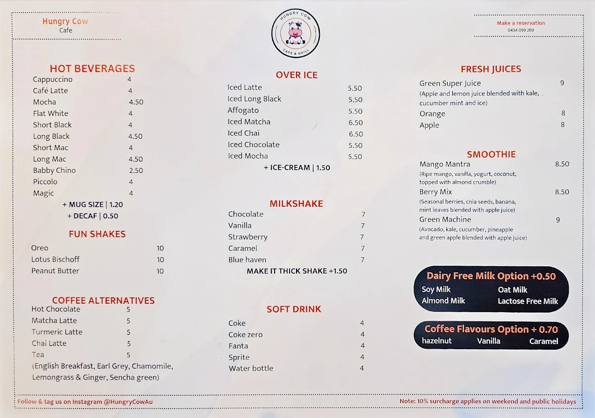 Menu, Hungry Cow Woodfire Pizzeria & Burgers