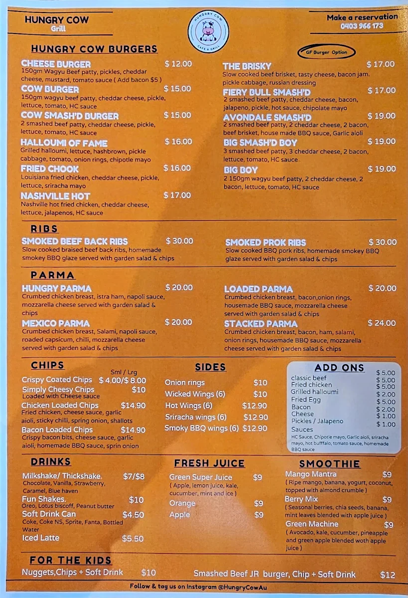 Menu, Hungry Cow Woodfire Pizzeria & Burgers