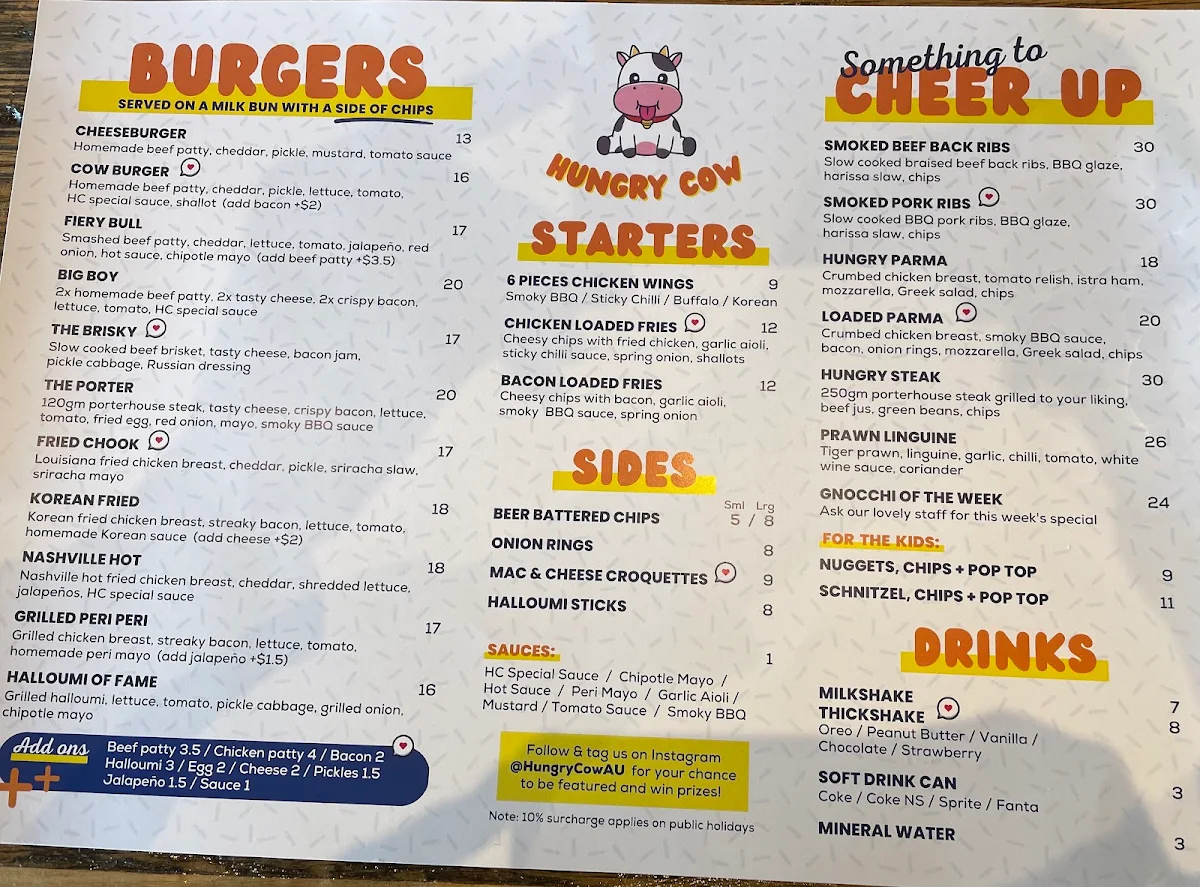 Menu, Hungry Cow Woodfire Pizzeria & Burgers
