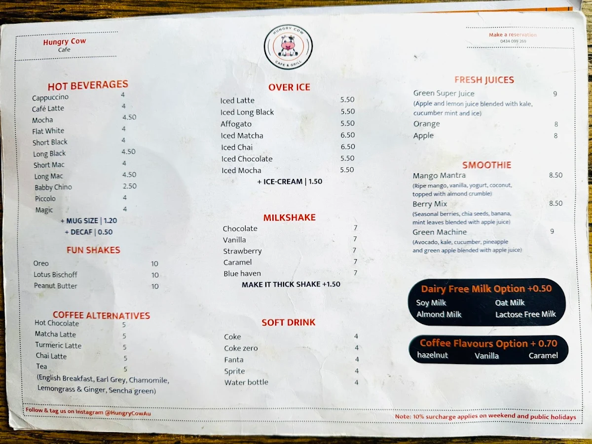 Menu, Hungry Cow Woodfire Pizzeria & Burgers