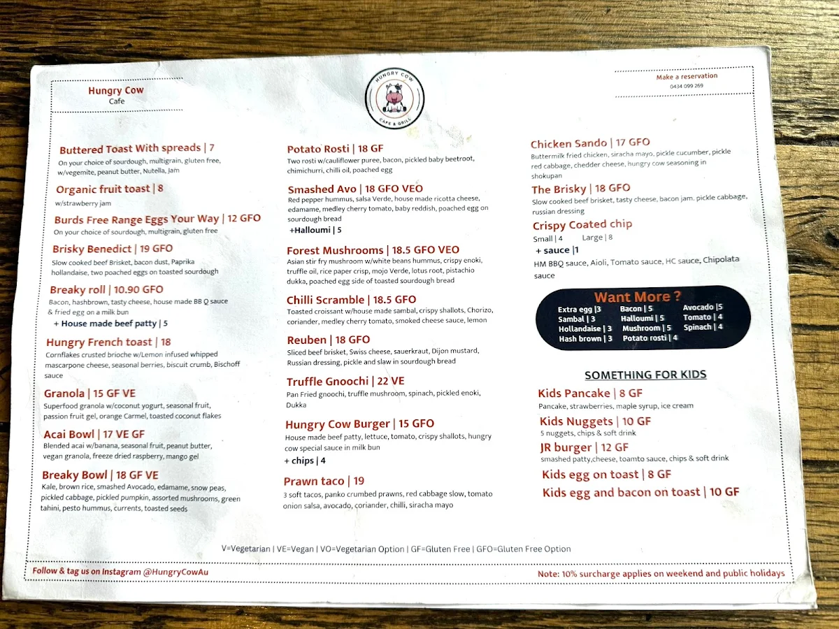 Menu, Hungry Cow Woodfire Pizzeria & Burgers
