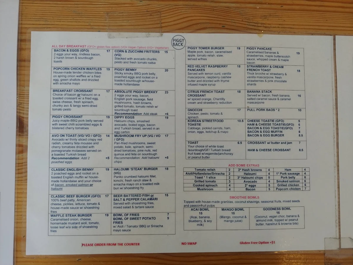 Menu, Piggy Back Cafe