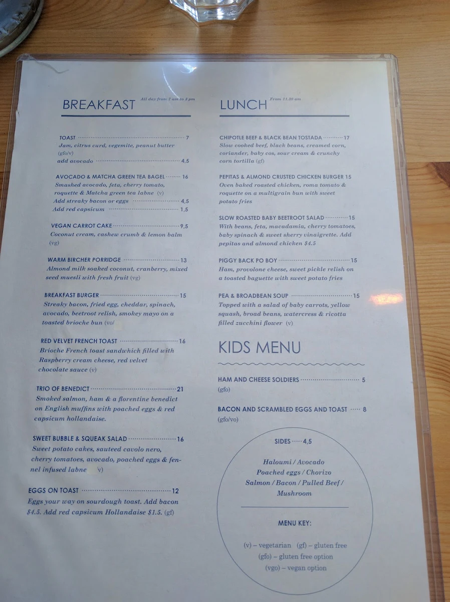 Menu, Piggy Back Cafe