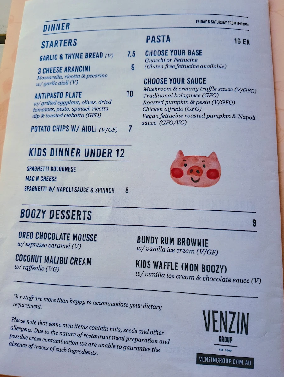 Menu, Piggy Back Cafe