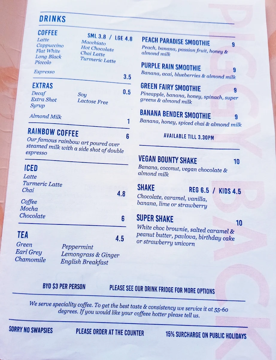 Menu, Piggy Back Cafe
