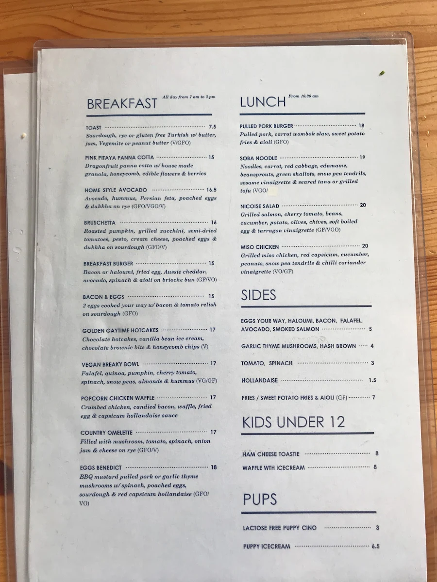 Menu, Piggy Back Cafe