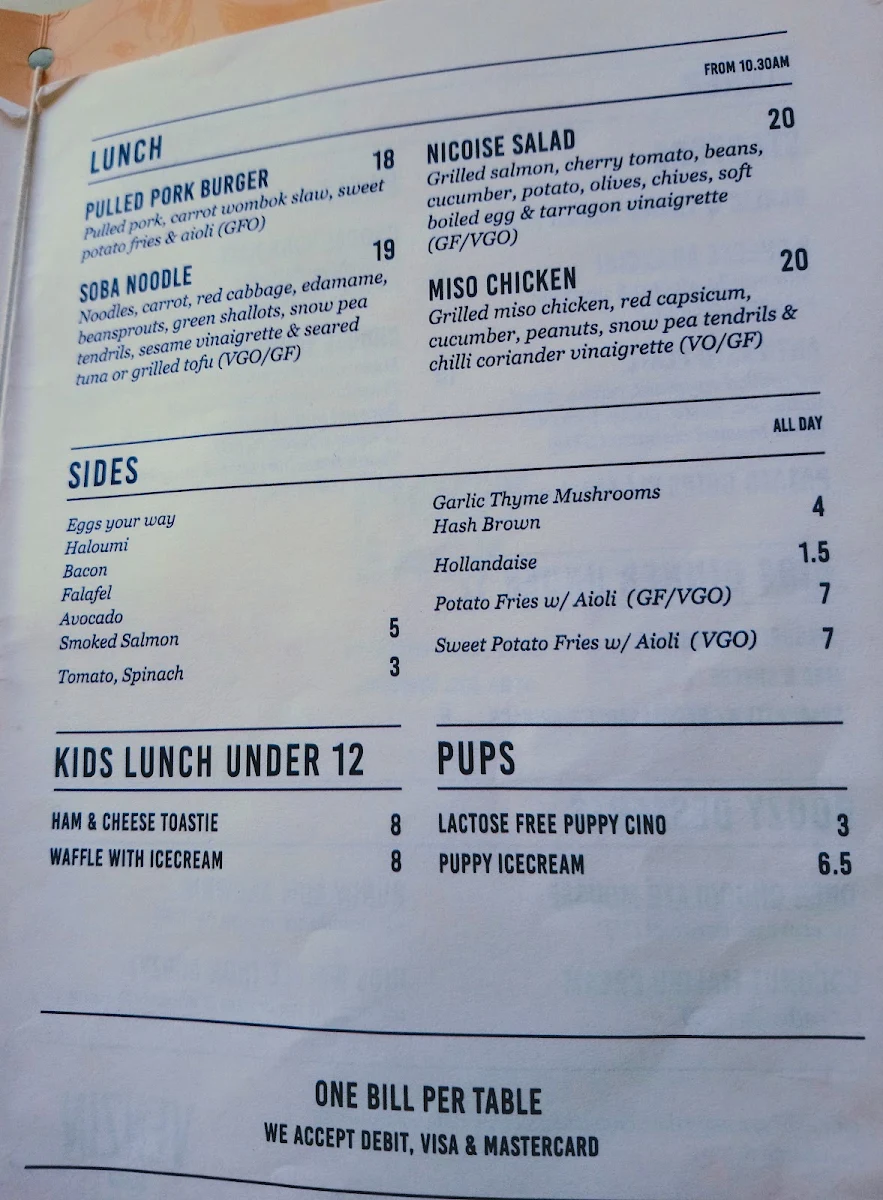 Menu, Piggy Back Cafe