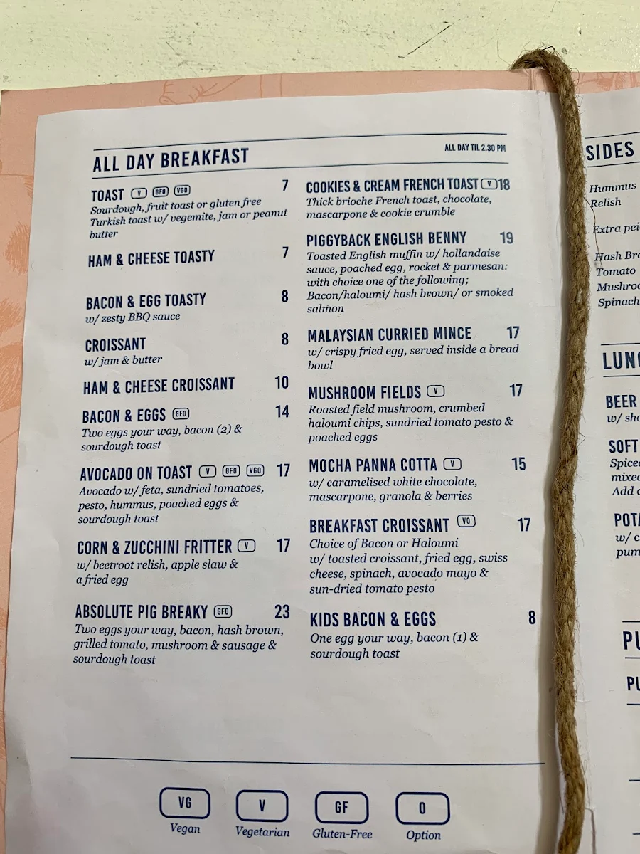 Menu, Piggy Back Cafe
