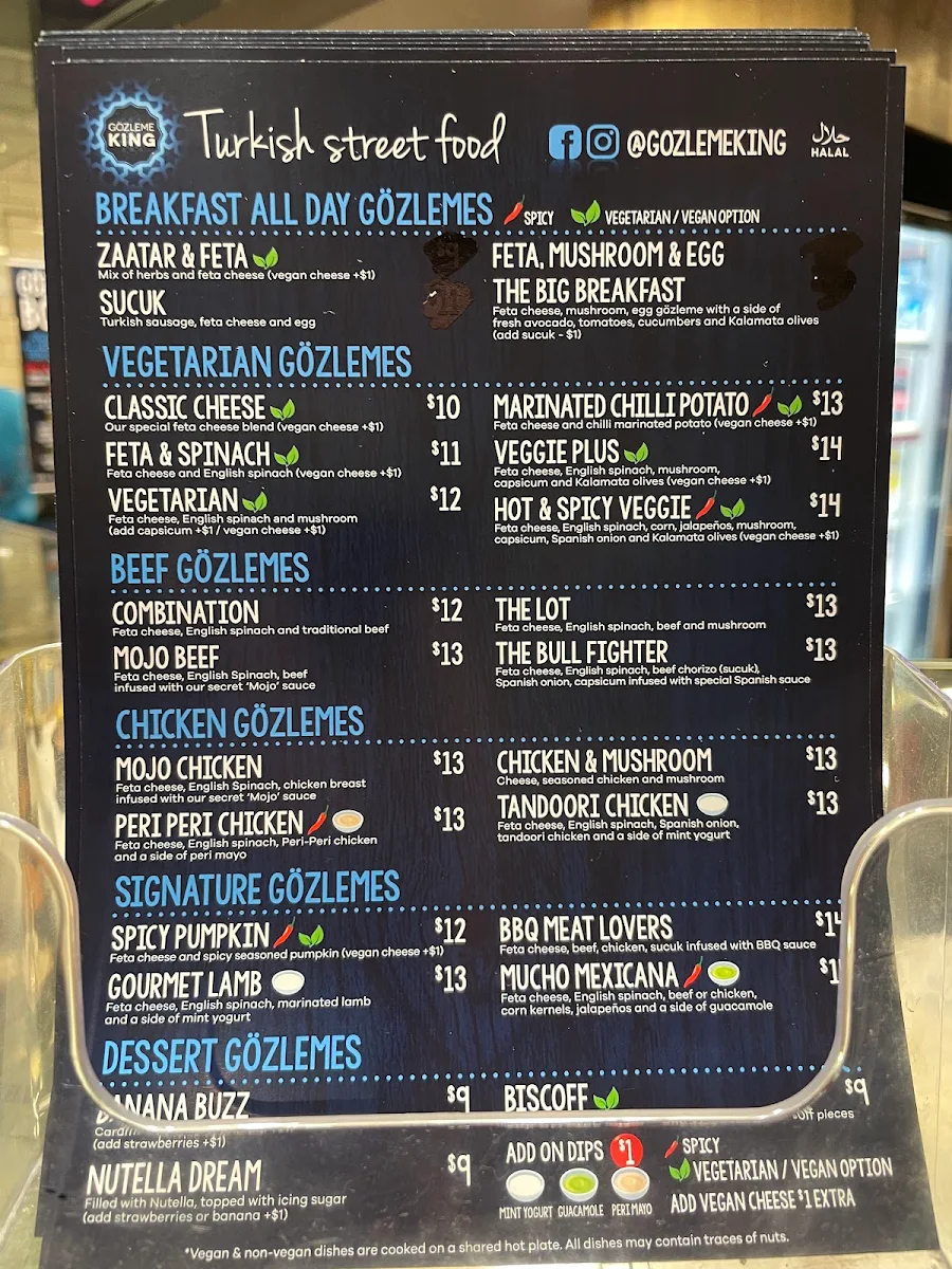 Menu, Gözleme King Bankstown
