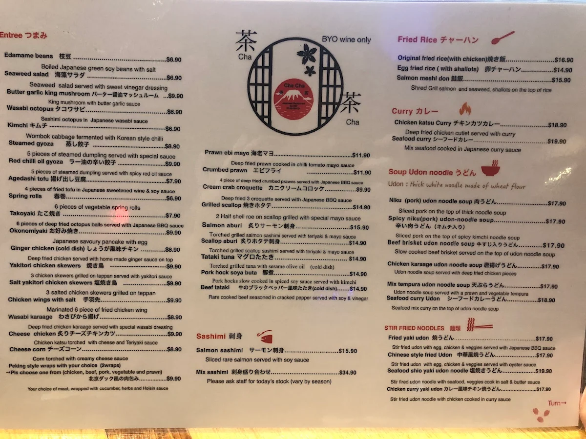 Menu, Cha Cha Japanese Restaurant
