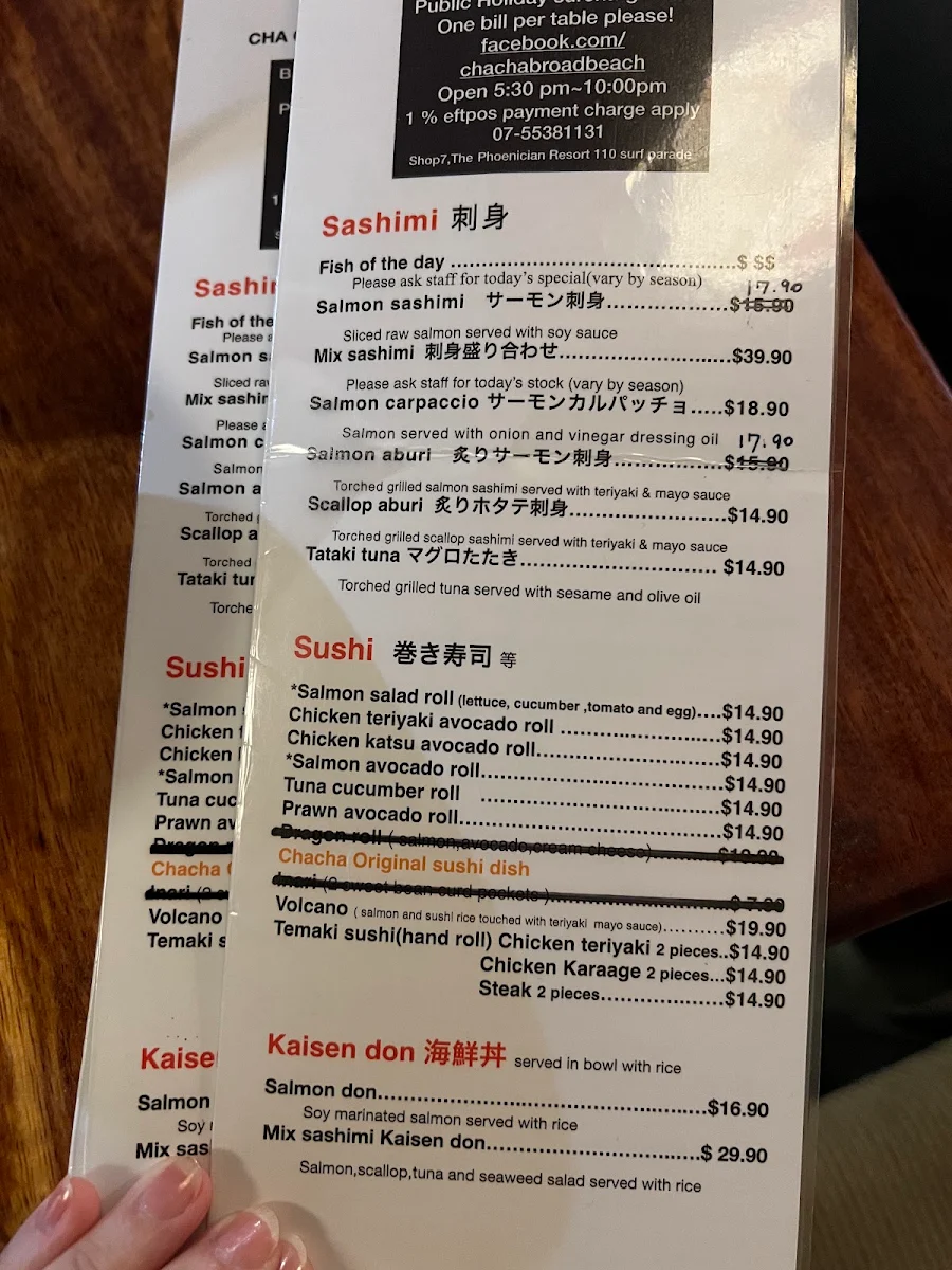 Menu, Cha Cha Japanese Restaurant