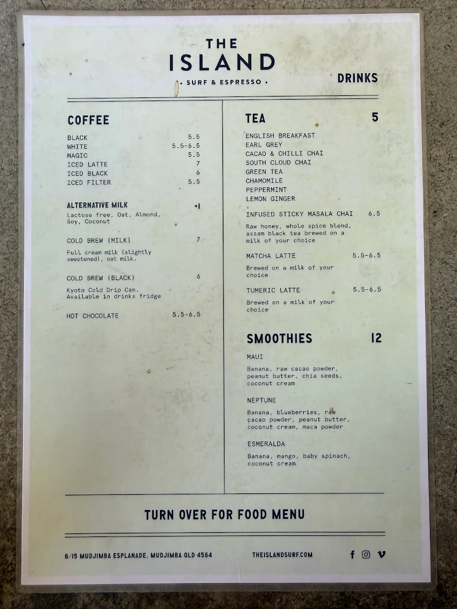 Menu, The Island Surf & Espresso